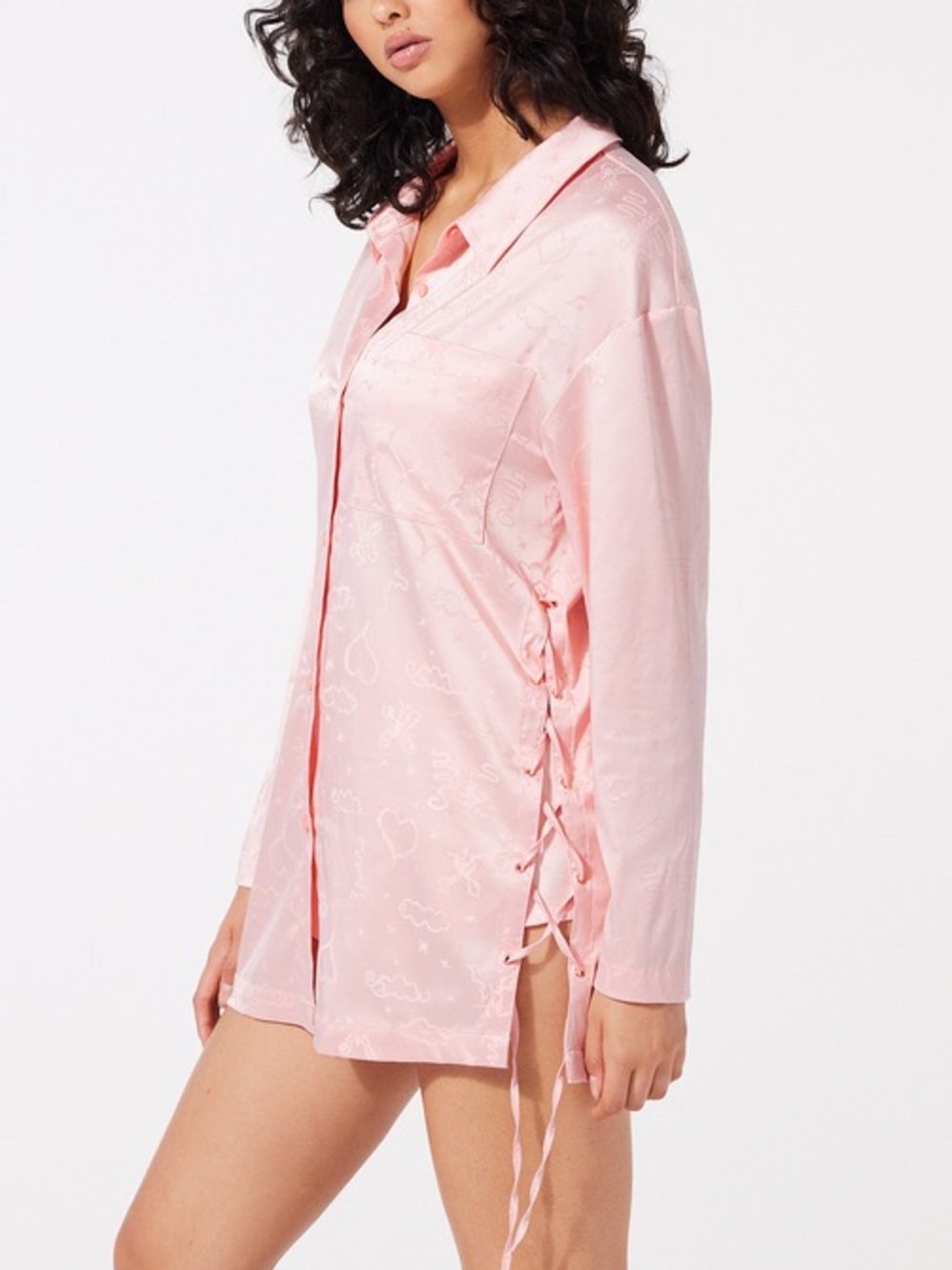 Savage X Fenty HEAVENLY SATIN SLEEP SHIRT PLAYTIME PINK JACQUARD Size Large